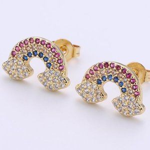 Gold Rainbow and Cloud Rhinestone Stud Earrings